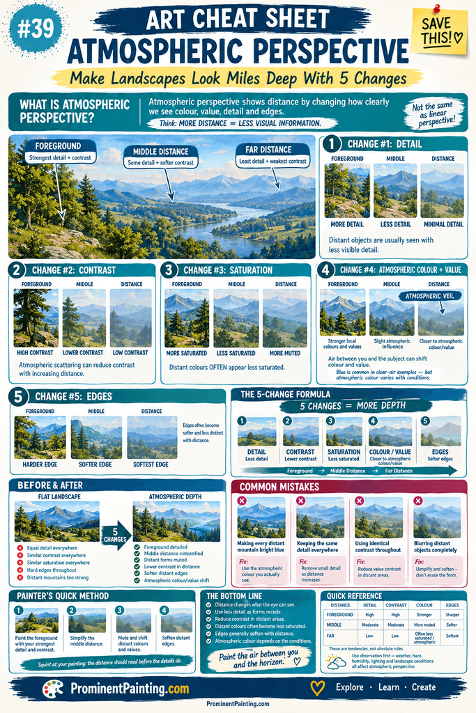 Mastering Atmospheric Perspective: The Art of Creating Depth in Paintings 4 An educational infographic titled "Art Cheat Sheet: Atmospheric Perspective" by ProminentPainting.com, demonstrating how to create landscape depth by reducing detail, contrast, saturation, and edge sharpness, while shifting colors toward the atmospheric hue as objects recede into the distance.