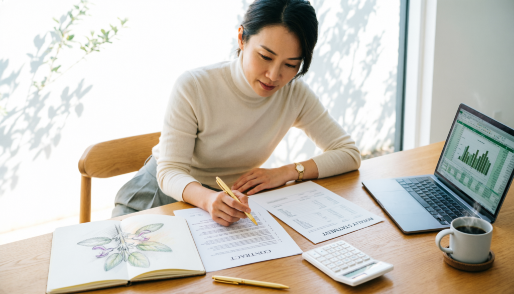 Artist reviewing financial documents and royalty calculations next to her sketchbook and laptop