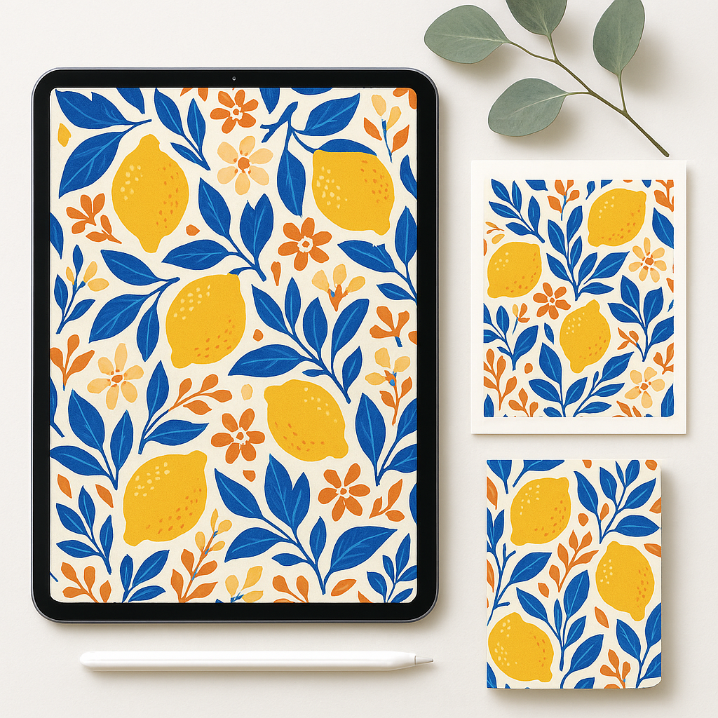 Digital tablet displaying a colourful surface pattern design surrounded by physical art prints and a stylus
