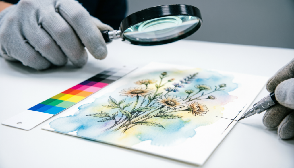 Close-up of a professional print setup showing colour calibration charts and a greeting card proof