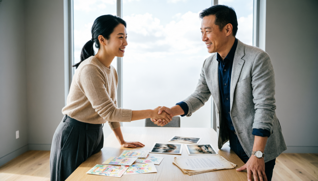 Two professionals shaking hands across a desk covered with art prints and licensing documents