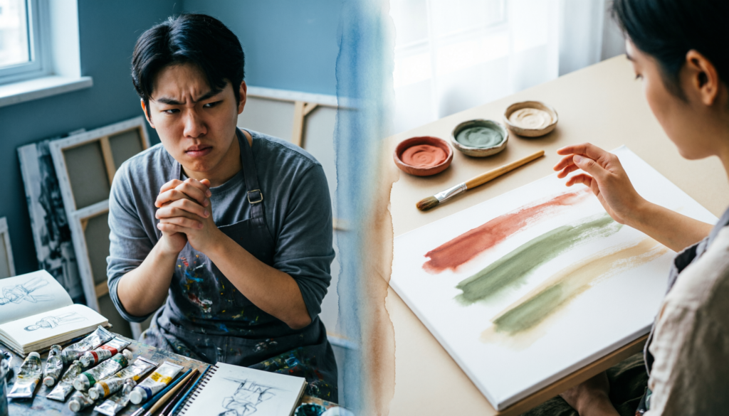 "Comparison of traditional painting vs mindful painting: stress vs calm, process-focused art therapy