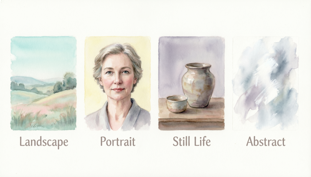 Choosing an art genre for beginner: Simple illustrated chart showing four painting genres: landscape, portrait, still life, and abstract painting