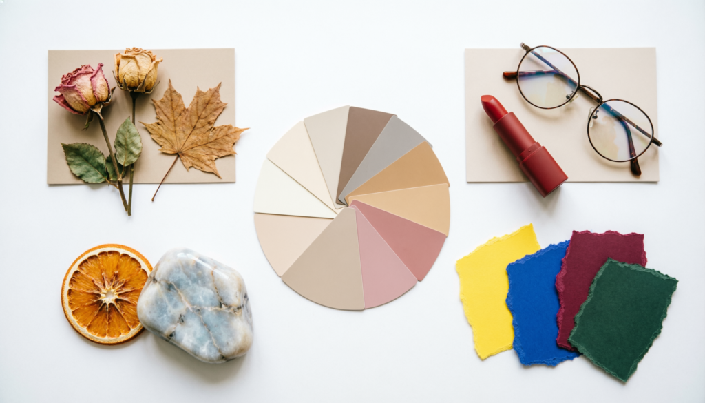 Four mood boards representing different painting genres: pressed flowers for landscape, glasses for portrait, dried fruit for still life, coloured paper for abstract