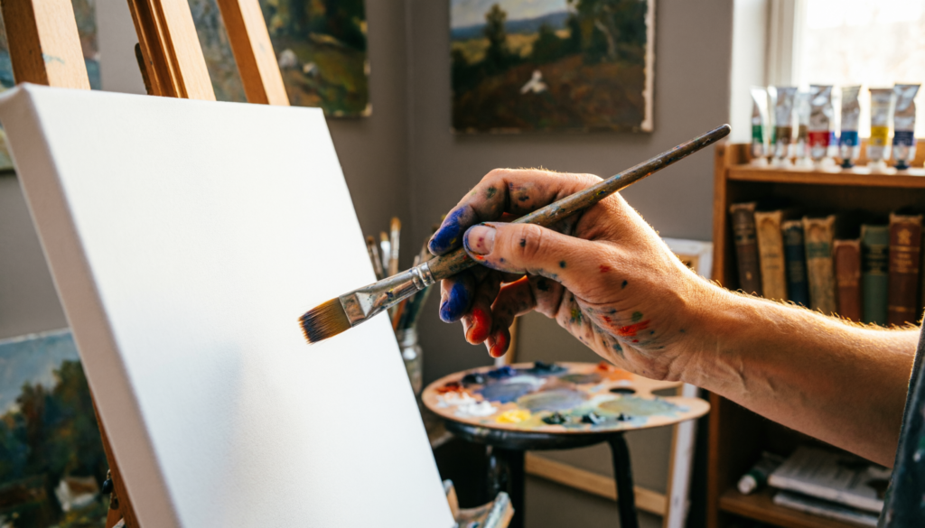 Close-up of paint-stained hands holding a brush over a fresh blank canvas ready to start painting