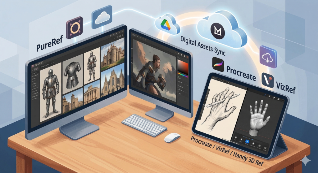 3D isometric illustration of a sleek tablet and a dual monitor desktop