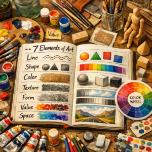 An artist's workspace showing paint tubes, a color wheel, and a sketchbook to represent the 7 elements of art