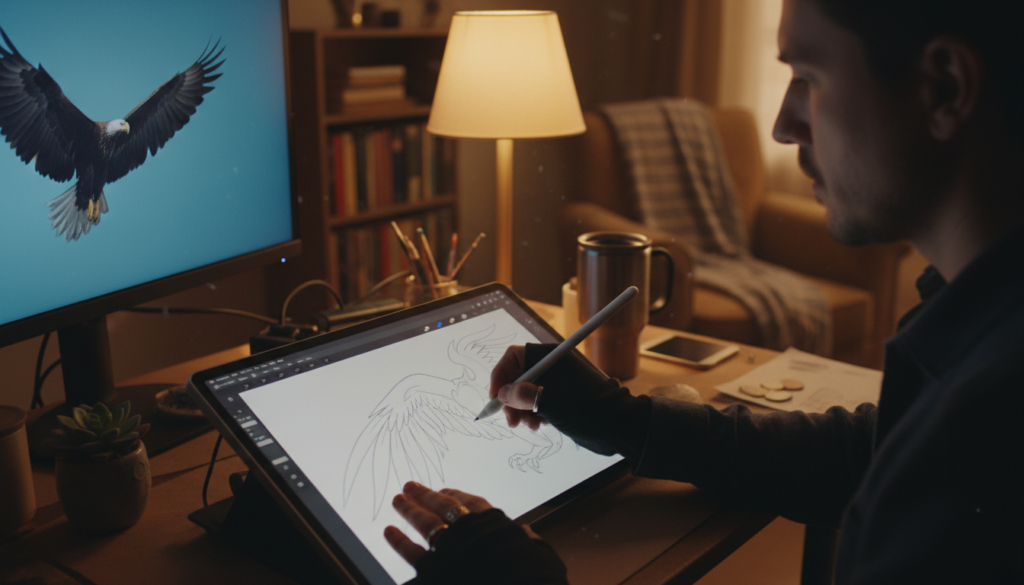 Artist using a tablet for reference