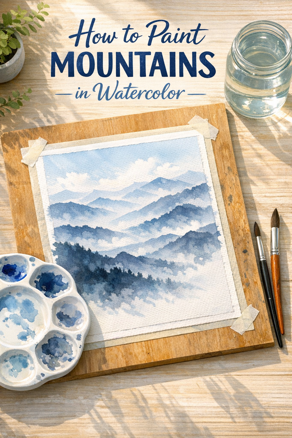An artist's workspace showing a watercolor mountain painting in progress with brushes and a paint palette.