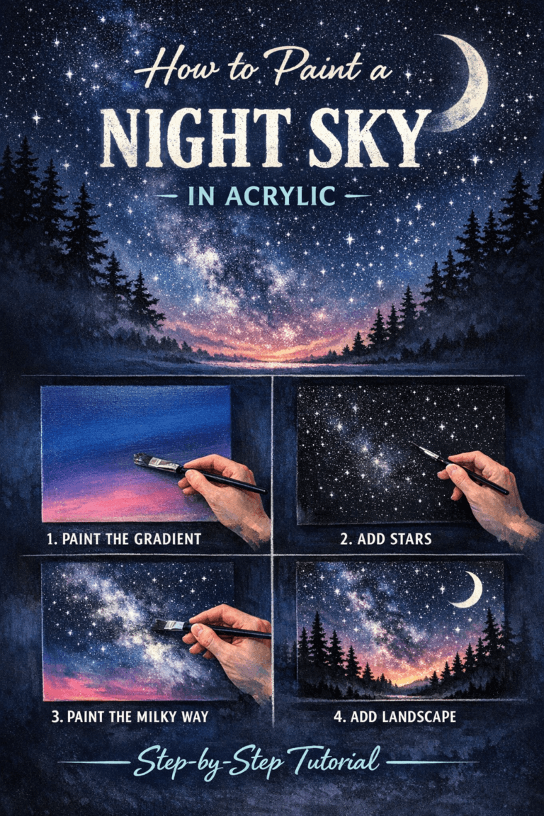 How to Paint a Night Sky in Acrylic 7 A colorful acrylic painting of a night sky on a canvas