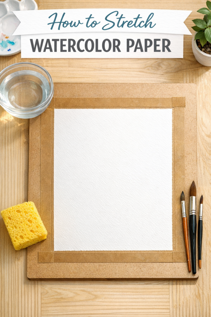 wooden board with stretched watercolor paper, surrounded by a sponge, tape, and brushes.