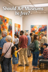 A diverse group of people enjoying colorful paintings in a bright and welcoming art museum.