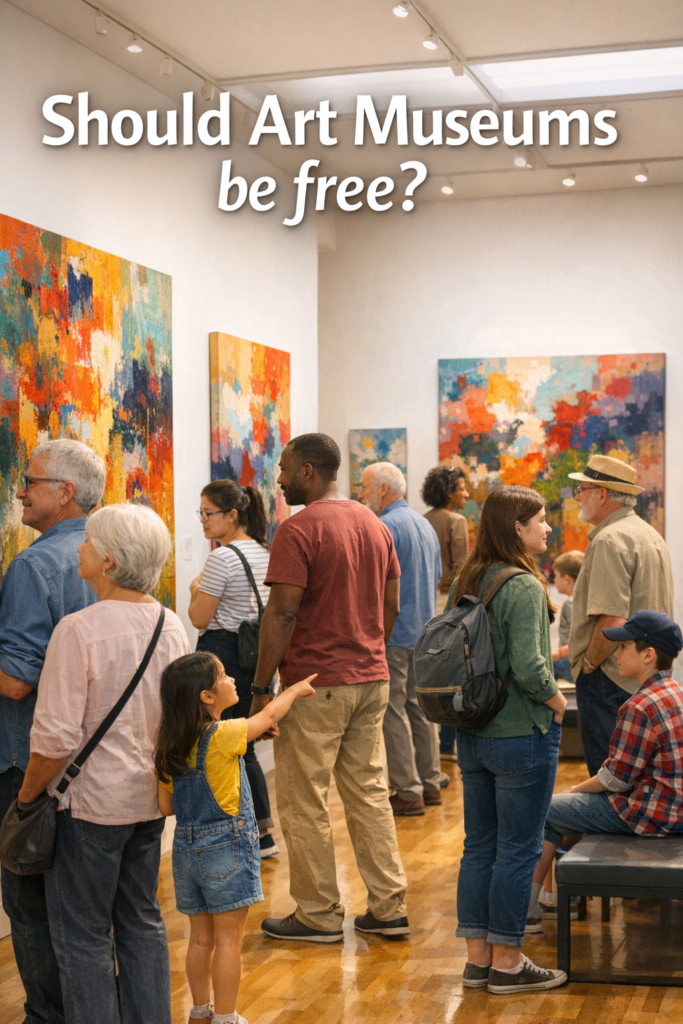 A diverse group of people enjoying colorful paintings in a bright and welcoming art museum.