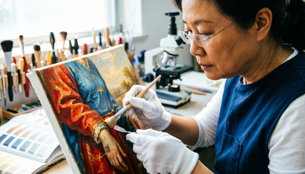 Should Art Museums Be Free? The True Cost of Accessible Culture 4 A professional art conservator wearing white gloves while carefully cleaning an old oil painting under bright lights.