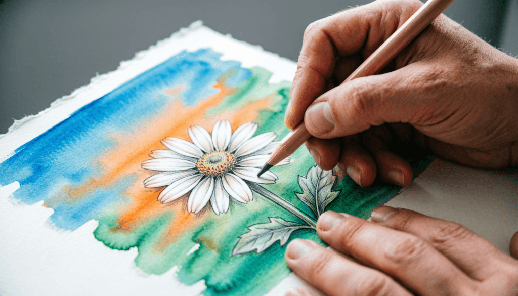 An artist's hands drawing with a colored pencil over a dried watercolor painting.