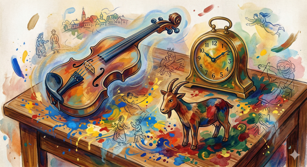 A collection of symbols like a violin and an old clock on a wooden table, representing personal memories in art.