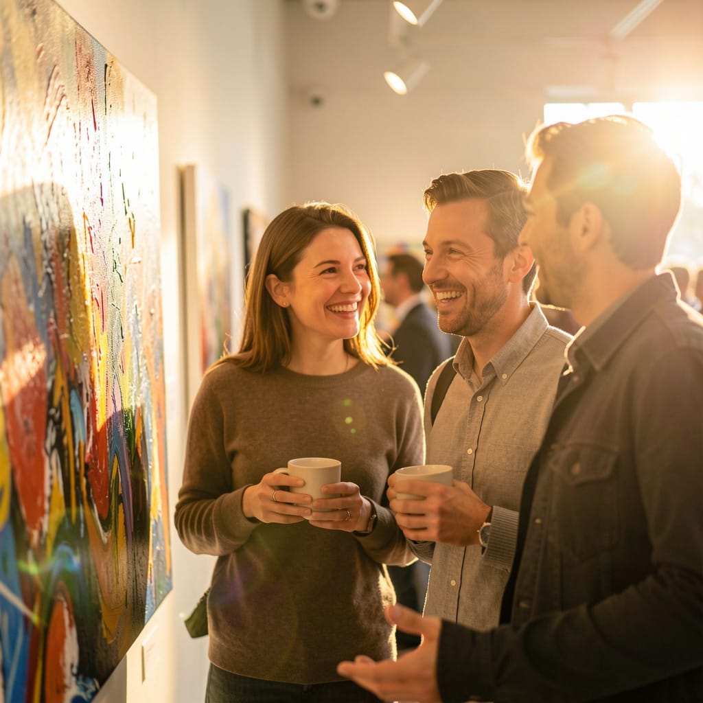 artists smiling and networking at a local gallery exhibition