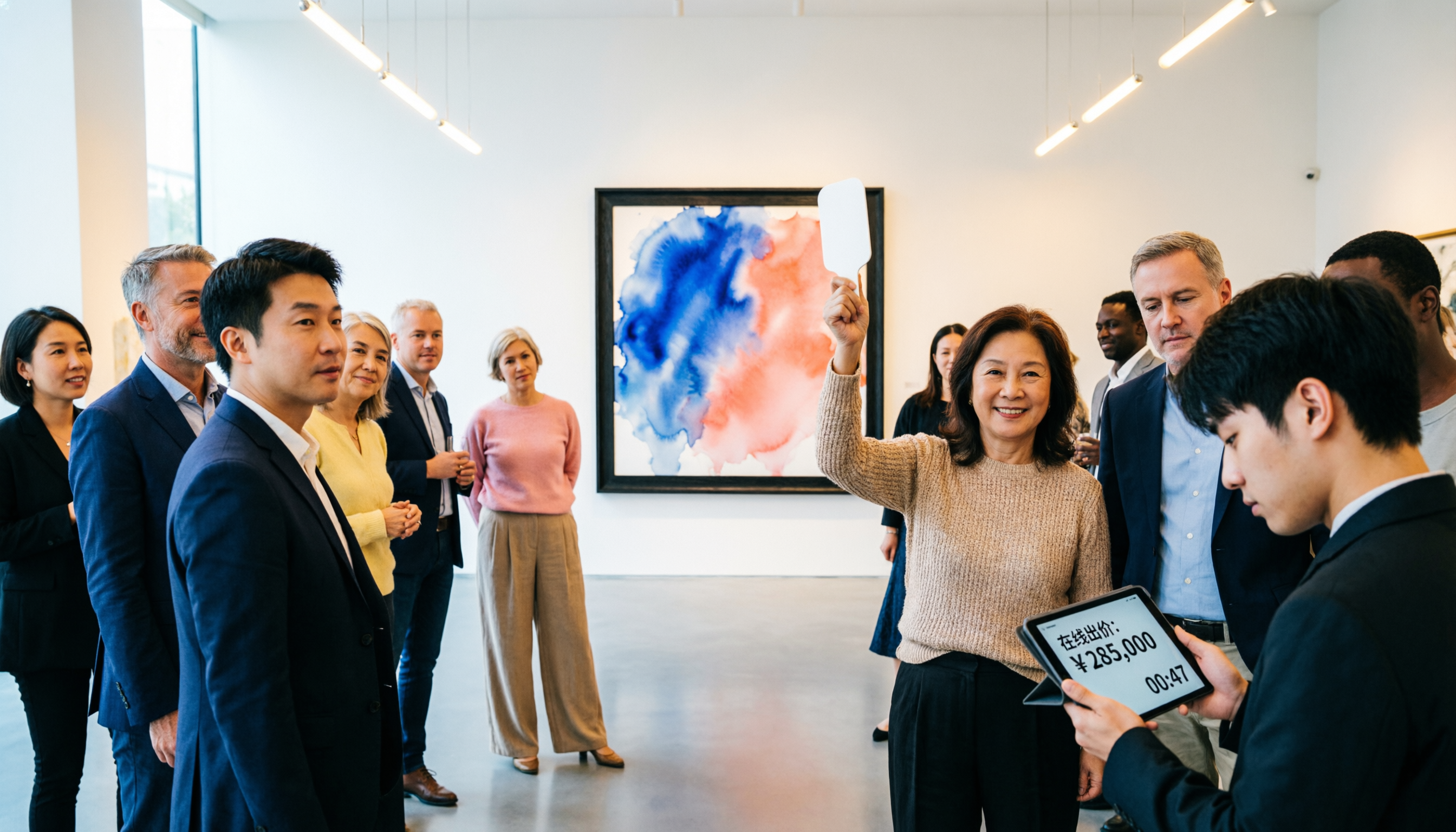 A diverse group of people smiling and bidding on artwork at a modern art auction.