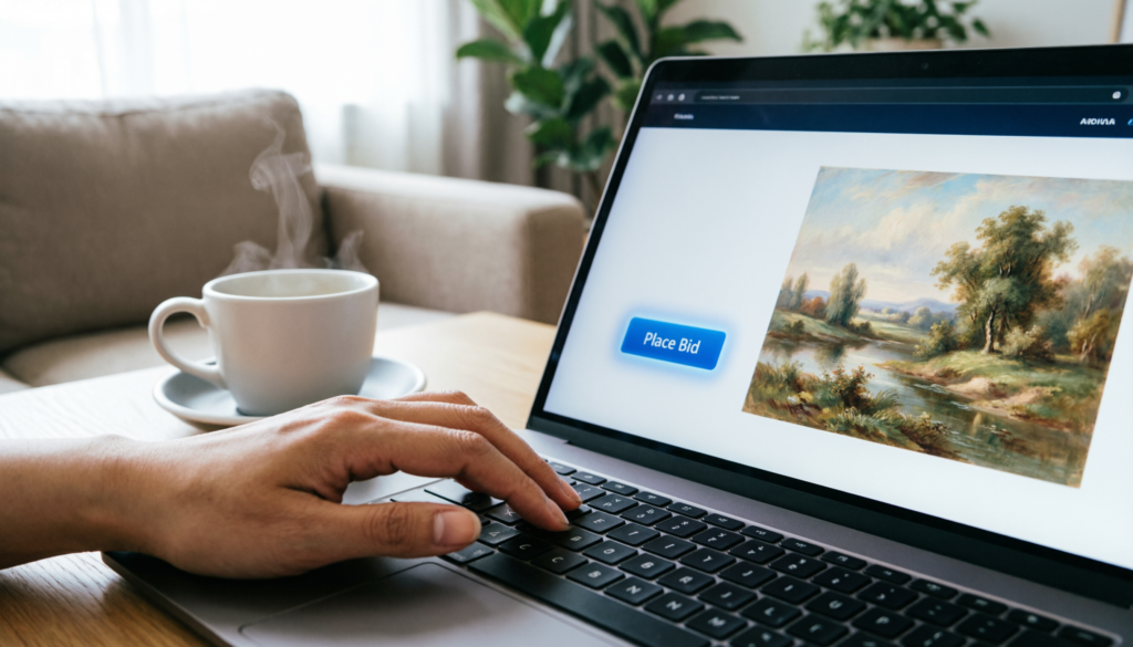 How art auctions work: A person relaxing at home while placing a bid on an online art auction using a laptop.