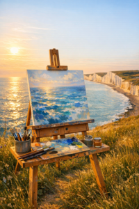 An artist painting a landscape outdoors on a canvas easel
