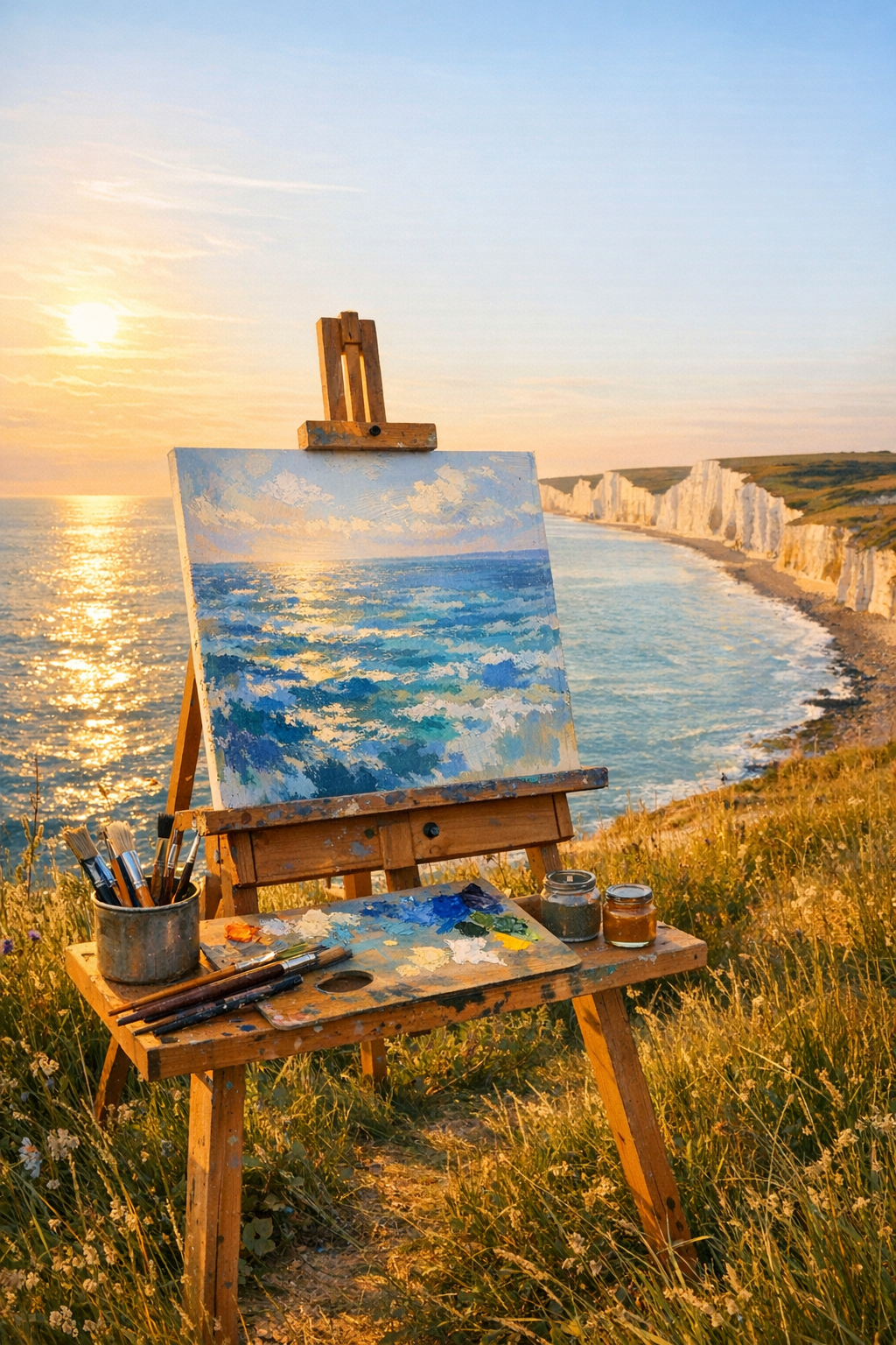 An artist painting a landscape outdoors on a canvas easel