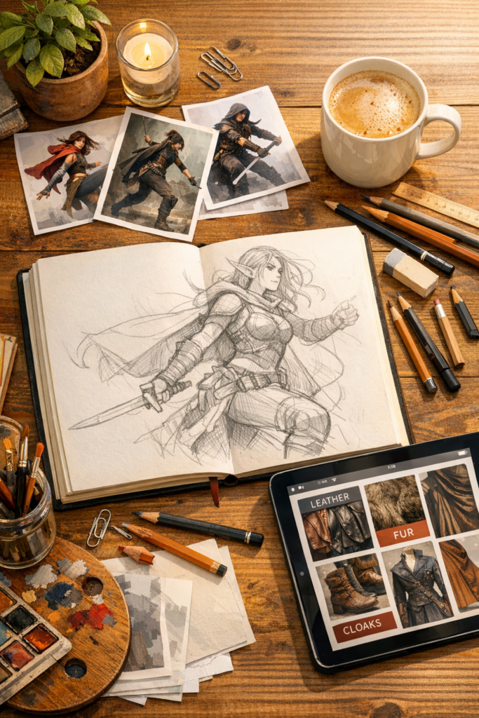 An artist's desk with an open sketchbook, reference photos, and a digital tablet displaying a mood board.
