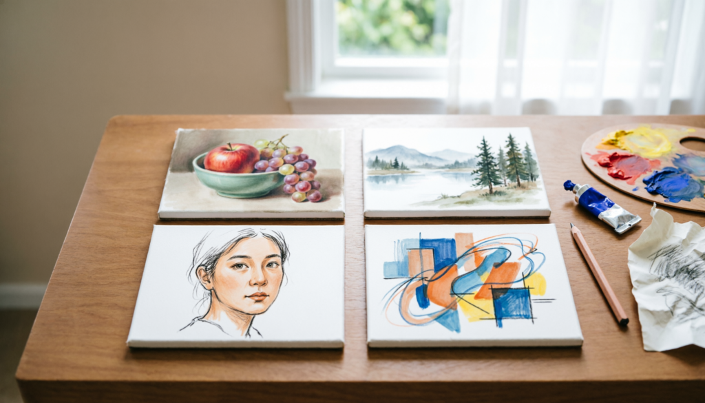 Four small canvases showing different painting genres arranged on an artist's wooden desk with brushes and paint tubes