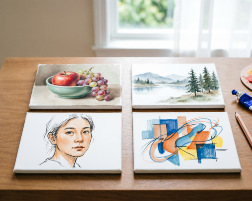 Four small canvases showing different painting genres arranged on an artist's wooden desk with brushes and paint tubes