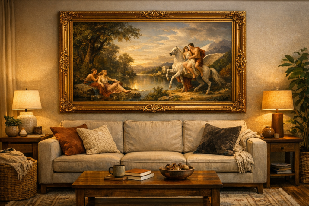 A beautiful, framed historical painting hanging in a cozy, contemporary living room.