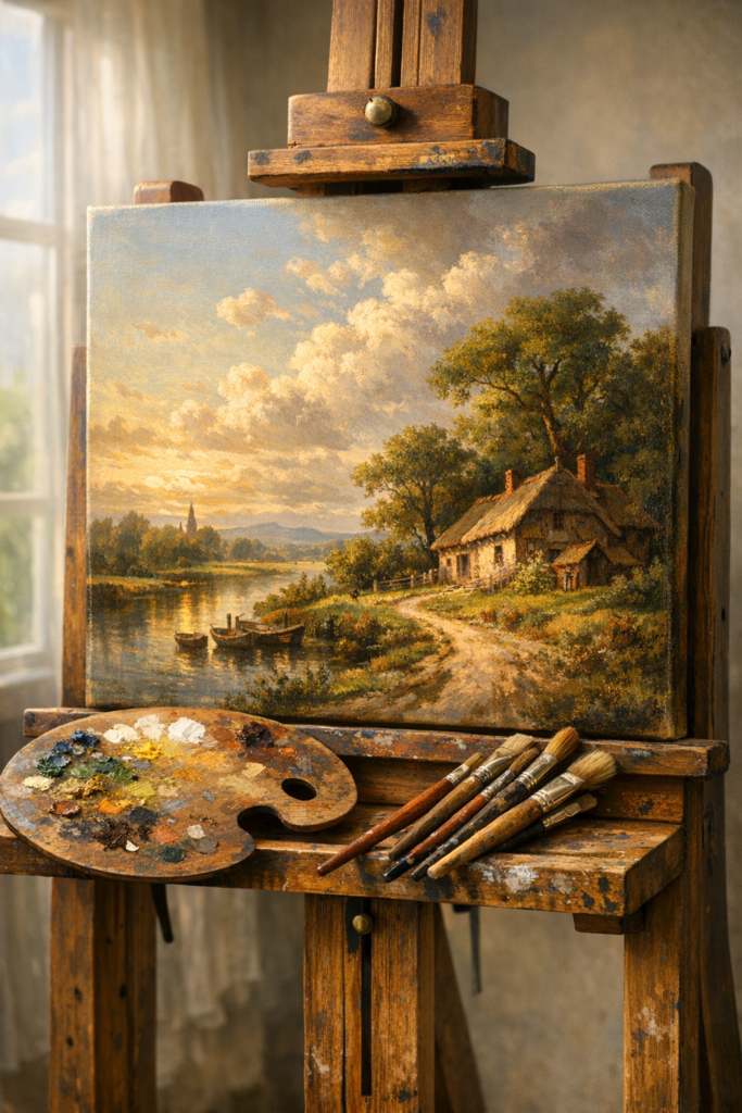 A beautiful, highly detailed classical landscape painting resting on a wooden easel.