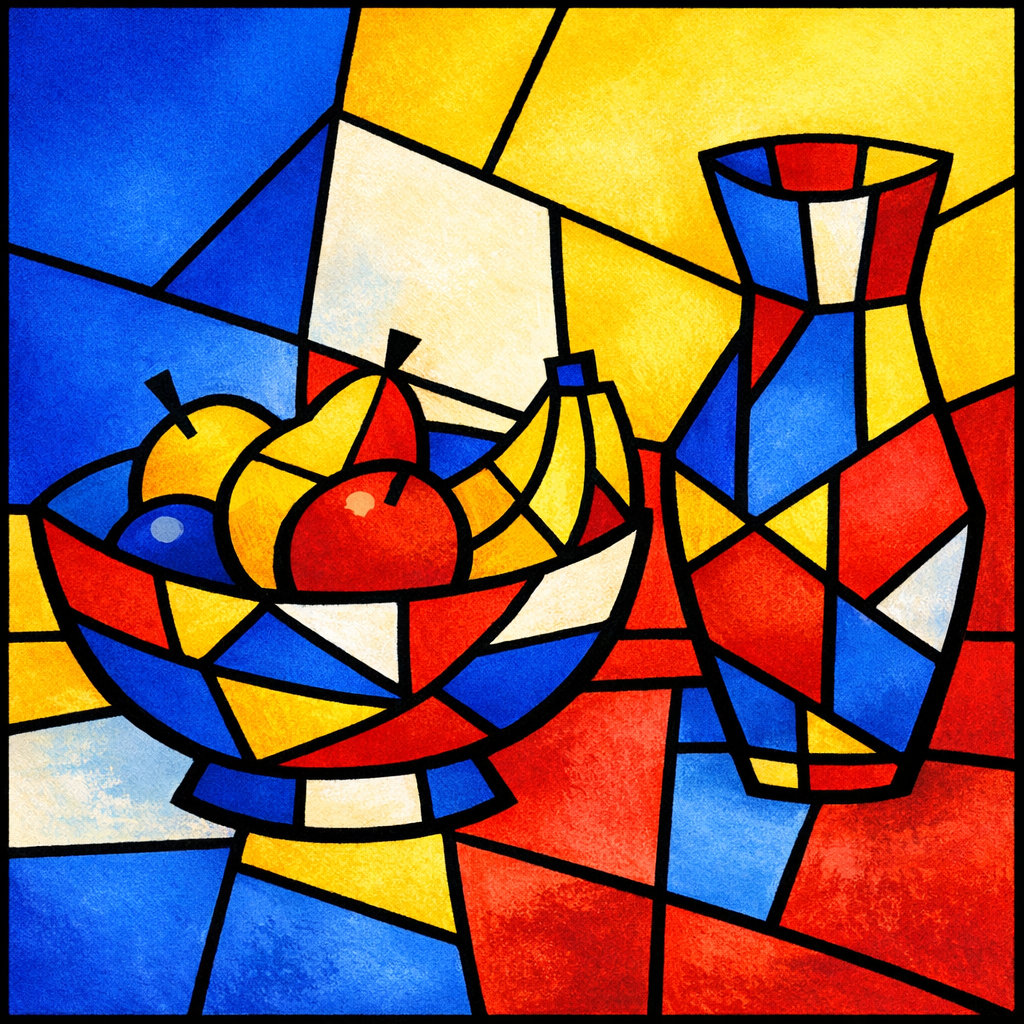 A digital illustration of fruit and a vase broken into colorful geometric shapes to explain Cubist influence.