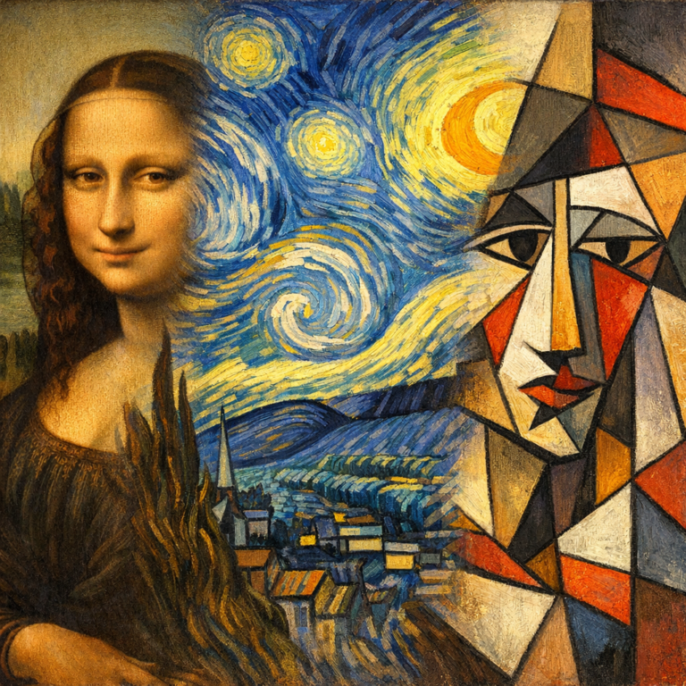 A visual comparison of art styles from Leonardo da Vinci, Vincent van Gogh, and Pablo Picasso.