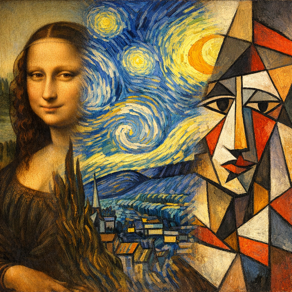 A visual comparison of art styles from Leonardo da Vinci, Vincent van Gogh, and Pablo Picasso.