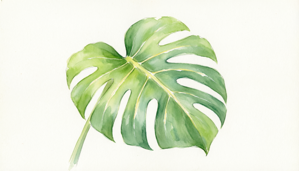 Simple watercolor painting of a green leaf for beginners