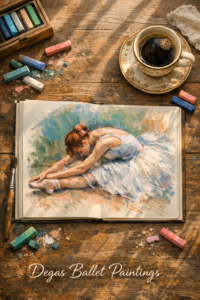An open sketchbook displaying an energetic pastel drawing of a ballet dancer surrounded by colorful art supplies.