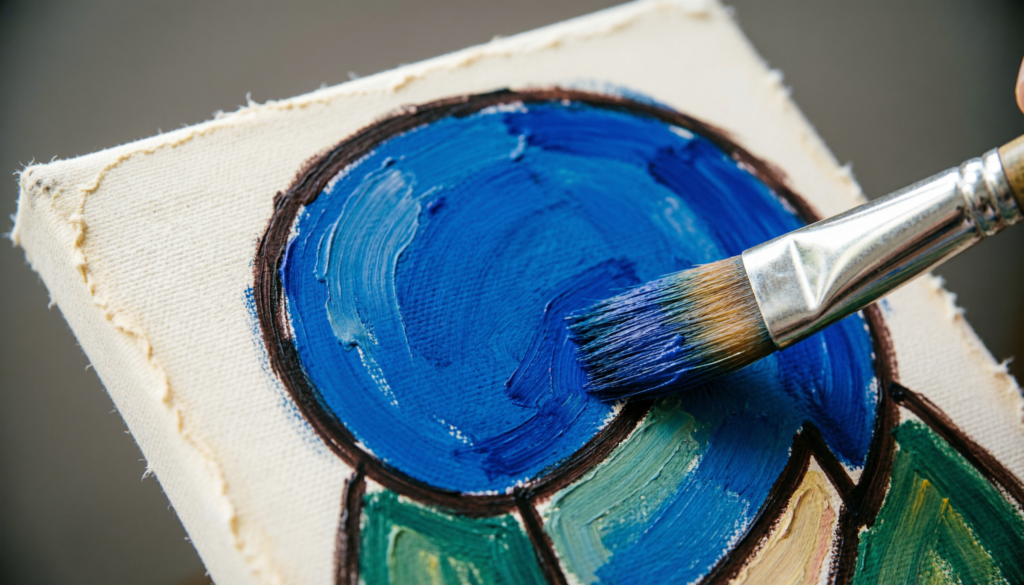 A painting in progress showing flat colors being filled inside bold dark outlines.