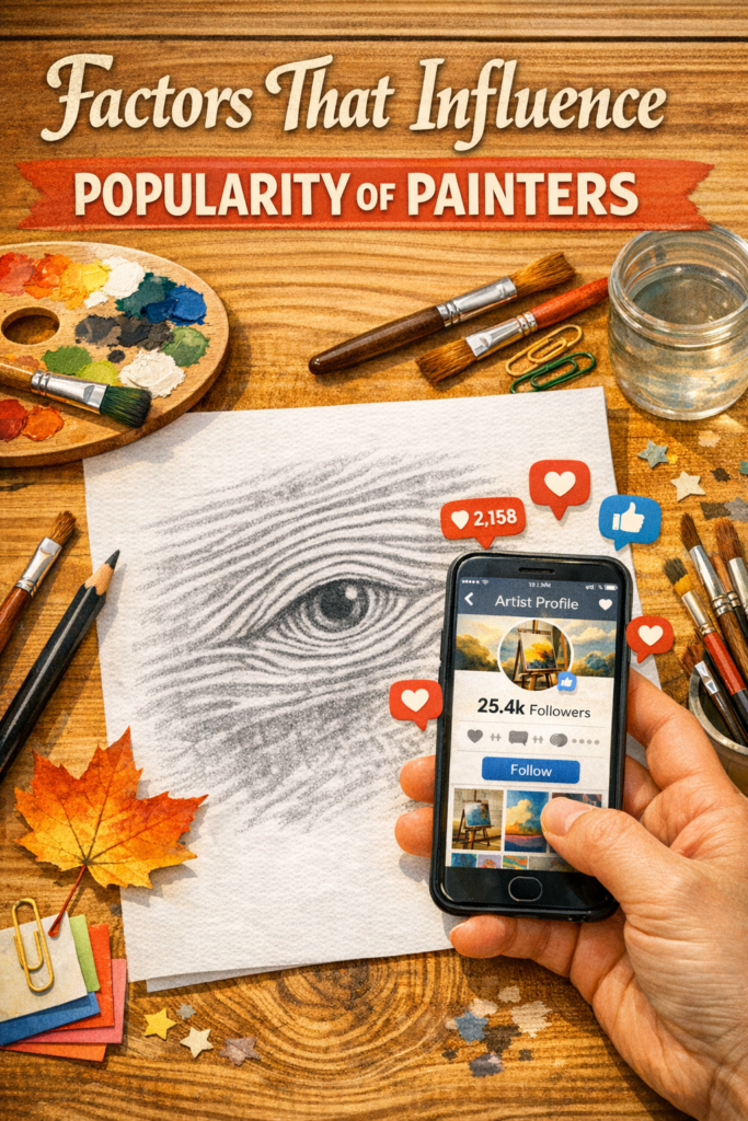 An artist's desk with watercolors and a smartphone showing a social media profile.