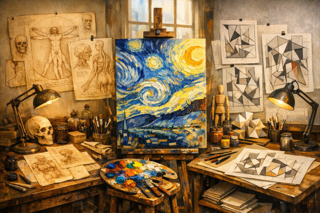 Comparing Leonardo da Vinci, Vincent van Gogh, and Pablo Picasso: Three different artistic workstations representing classical, expressionist, and cubist painting styles.