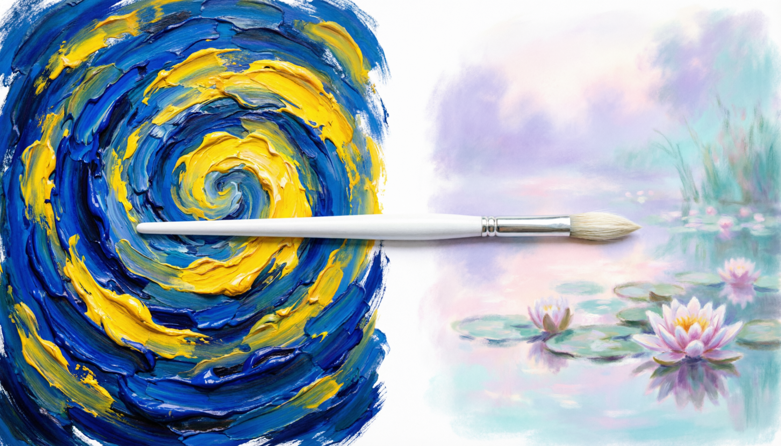 A split-screen illustration of Van Gogh and Monet painting styles with a paintbrush