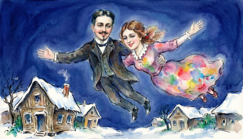 A whimsical watercolor painting of a couple floating above a small village, illustrating Marc Chagall’s dream-like art style
