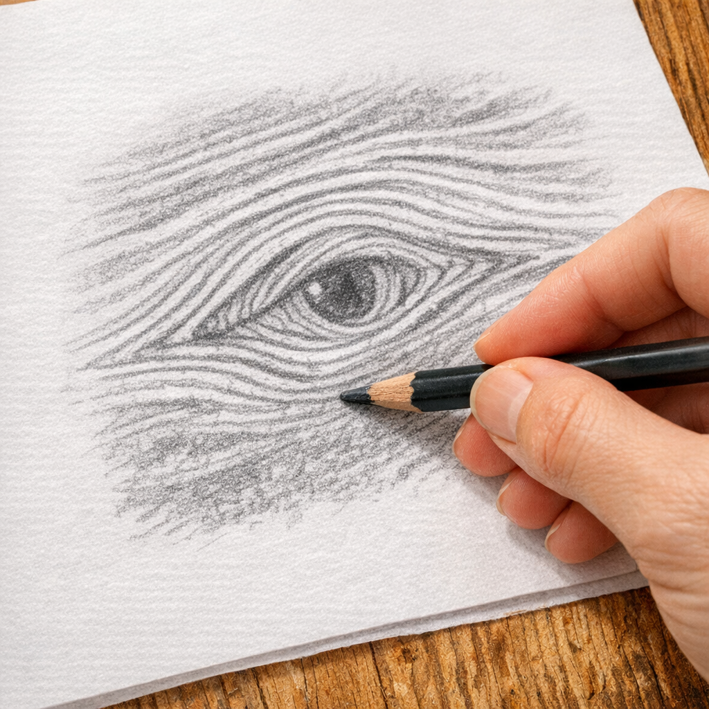 A person demonstrating the frottage surrealism technique by rubbing a pencil over paper on top of textured wood