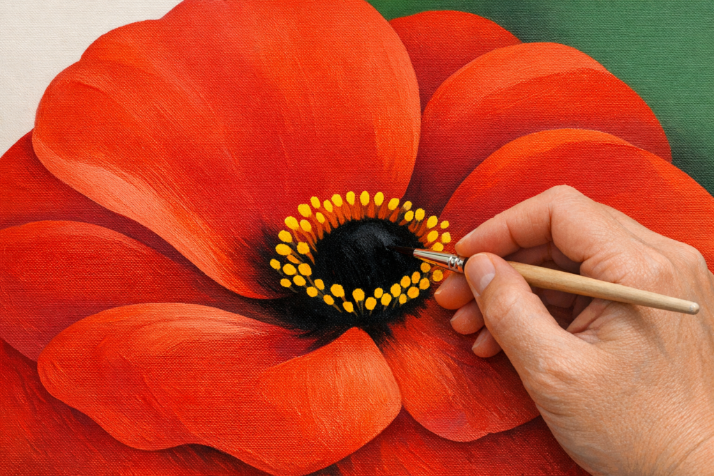 A beginner painting a close-up red poppy in the style of Georgia O'Keeffe