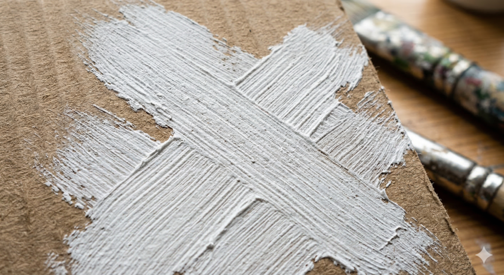 Can You Use Oil Paint on Cardboard? A Beginner's Guide 3 Close up showing the textured brush strokes of white gesso applied to brown cardboard.