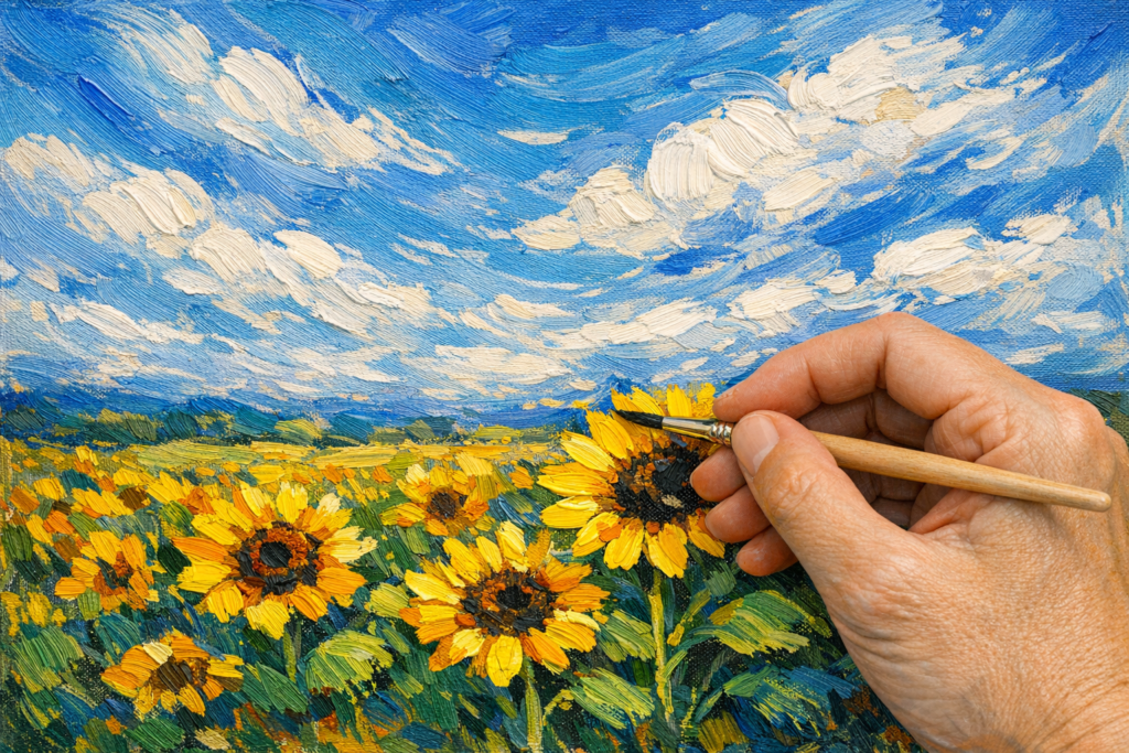 follow in the steps of famous artists: A beginner painting a sky and sunflower field in the style of Gogh