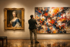 A person looking thoughtfully at a realistic classical portrait next to a vibrant abstract contemporary painting in a bright gallery.