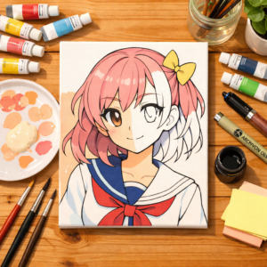 An artist's desk with acrylic paints, fine liner brushes, and a canvas showing an anime character painting in progress.