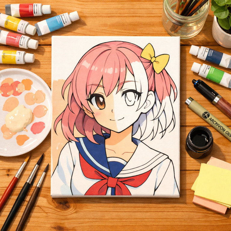 An artist's desk with acrylic paints, fine liner brushes, and a canvas showing an anime character painting in progress.