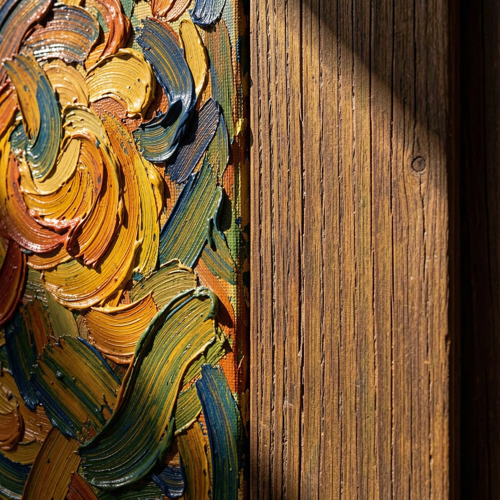 The 7 Elements of Art: A Beginner's Guide to Visual Building Blocks 3 A close-up of thick, raised paint next to a smooth painting of weathered wood, demonstrating the difference between actual and implied texture in art.