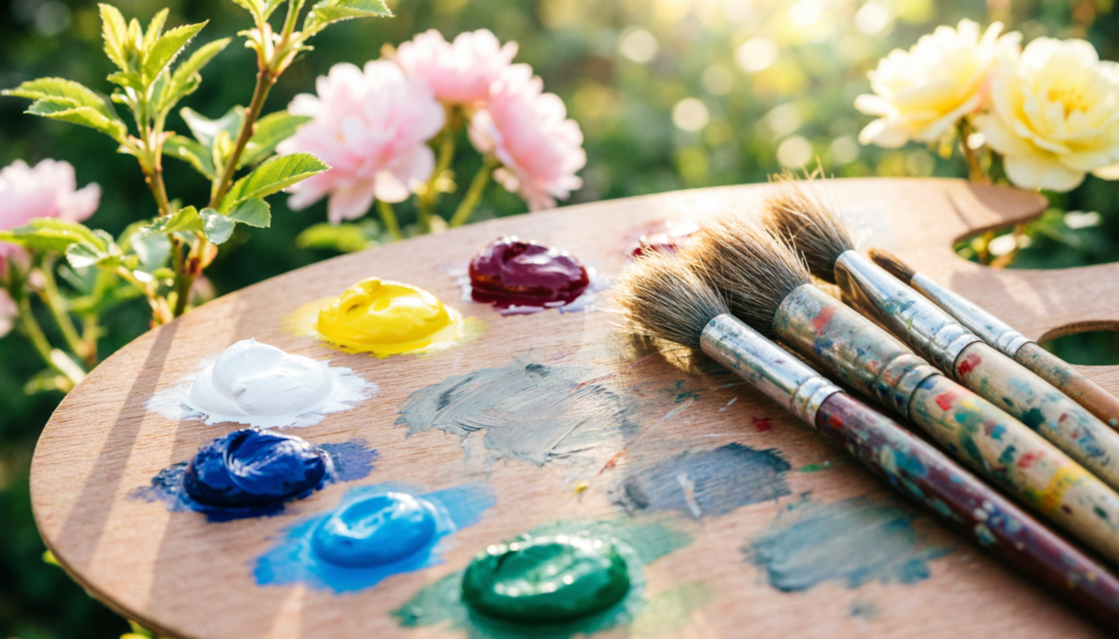 A wooden artist palette with bright yellow, blue, red, and white paint dabs representing the impressionist color palette for beginners.