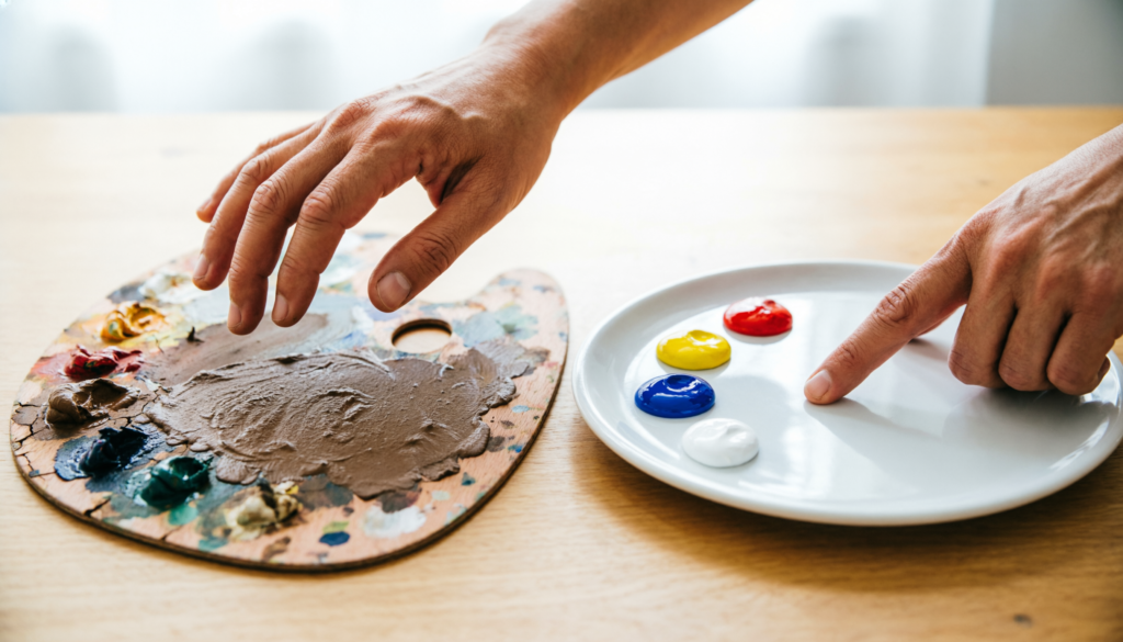 A side-by-side comparison showing a chaotic, messy paint palette with muddy brown colors on the left, and a clean, limited palette with only neat dabs of red, yellow, blue, and white paint on the right.
